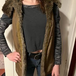 Zara Basic Olive Green Vest with Fur Hood